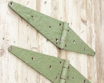 Vintage Green Metal Strap Hinges: Rustic Barn Door Hardware Set