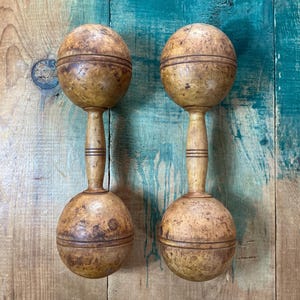 Antique Pair of Wood Dumbbells Exercise Hand Weights 1.5 lbs Each Wood Set of 2 Vintage Hardwood Gym and Game Room Decor