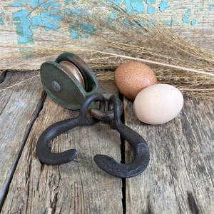 Vintage Solid Brass Pulley with Cast Iron Hooks Small Nautical Block and Tackle
