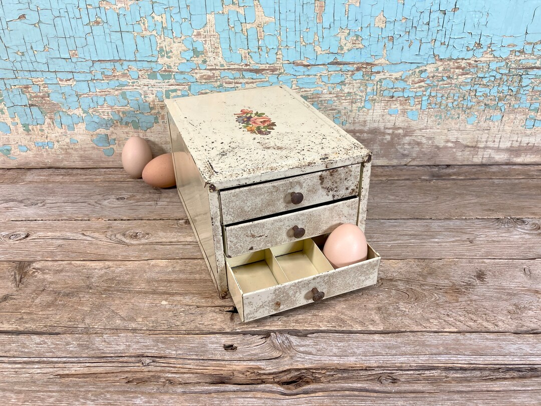 Vintage Metal Box With 3 Drawers Table Top With Compartments Desk Organizer Small Tool