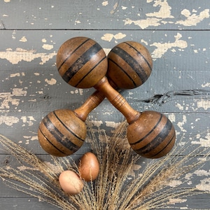 Antique Pair of Wooden Dumbbells Exercise Hand Weights 1.5 lbs Each Wood Set of 2 Vintage Hardwood Gym and Game Room Decor