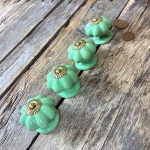 Vintage Set of 4 Drawer Pulls with Screws: Mint Green Flower Ceramic and Brass Knobs