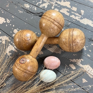Antique Pair of Standard Wood Dumbbells Narragansett Machine Co. Exercise Hand Weights 1 lb Each Wood Set 2 Vintage Hardwood Gym Game Room