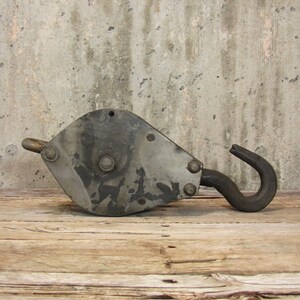 Vintage Industrial Large Pulley and Hook Block and Tackle 2 Wheels and Top Loop