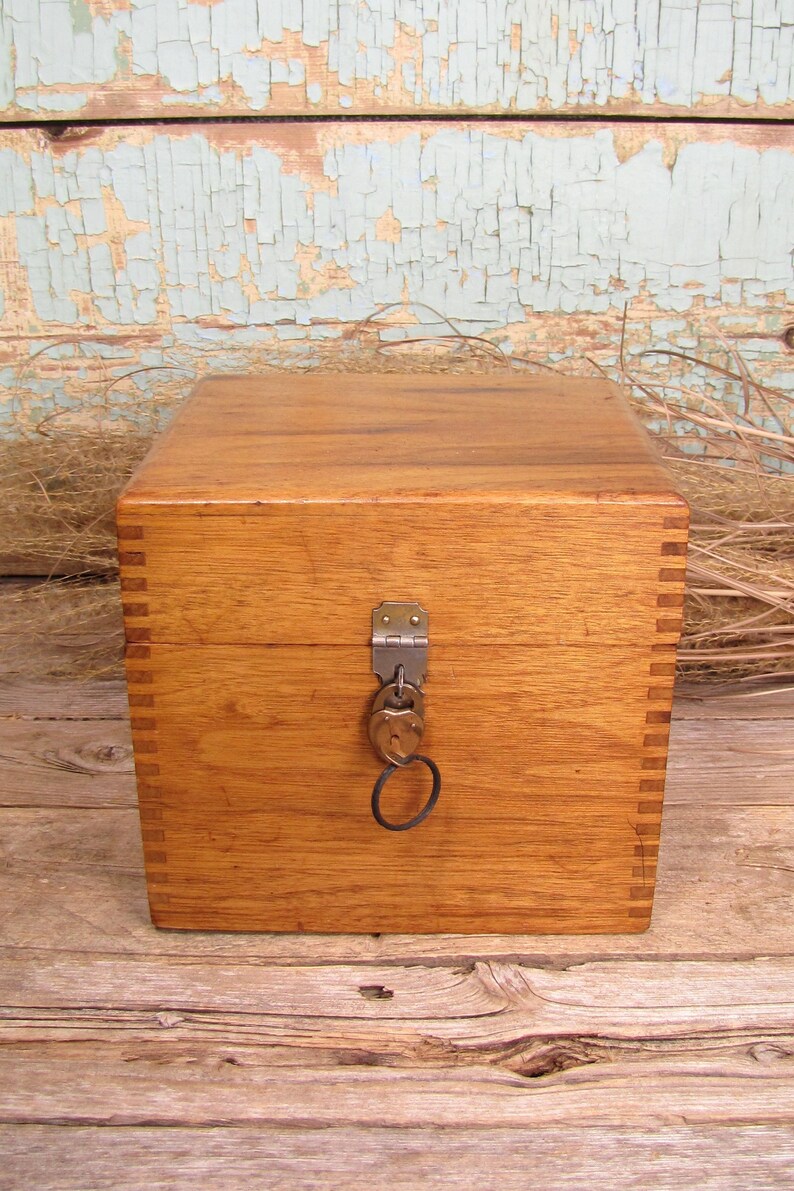 Vintage Large Wood Recipe Card Box With Brass Padlock Address Etsy