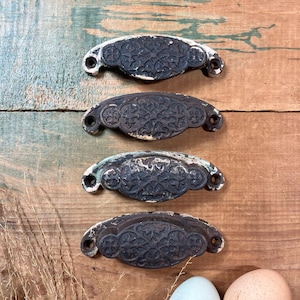 Antique Set of 4 Cast Iron Drawer Cup Handles Vintage Art Deco Ornate Victorian Cabinet Pulls Quad Architectural Salvage Accent Hardware