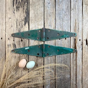 Vintage Pair of Textured Green Metal Barn Door Strap Hinges Set of 2 Iron Factory Industrial Cabinet Rustic Cupboard Hardware