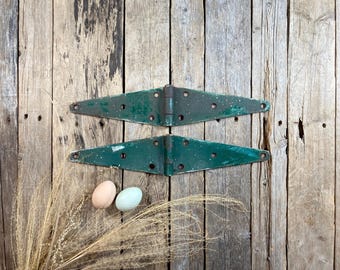 Vintage Green Metal Barn Door Hinges, Rustic Industrial Hardware, Set of 2