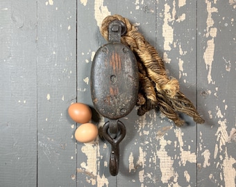 Vintage Wood & Cast Iron Pulley with Hook - Rustic Nautical Industrial Decor