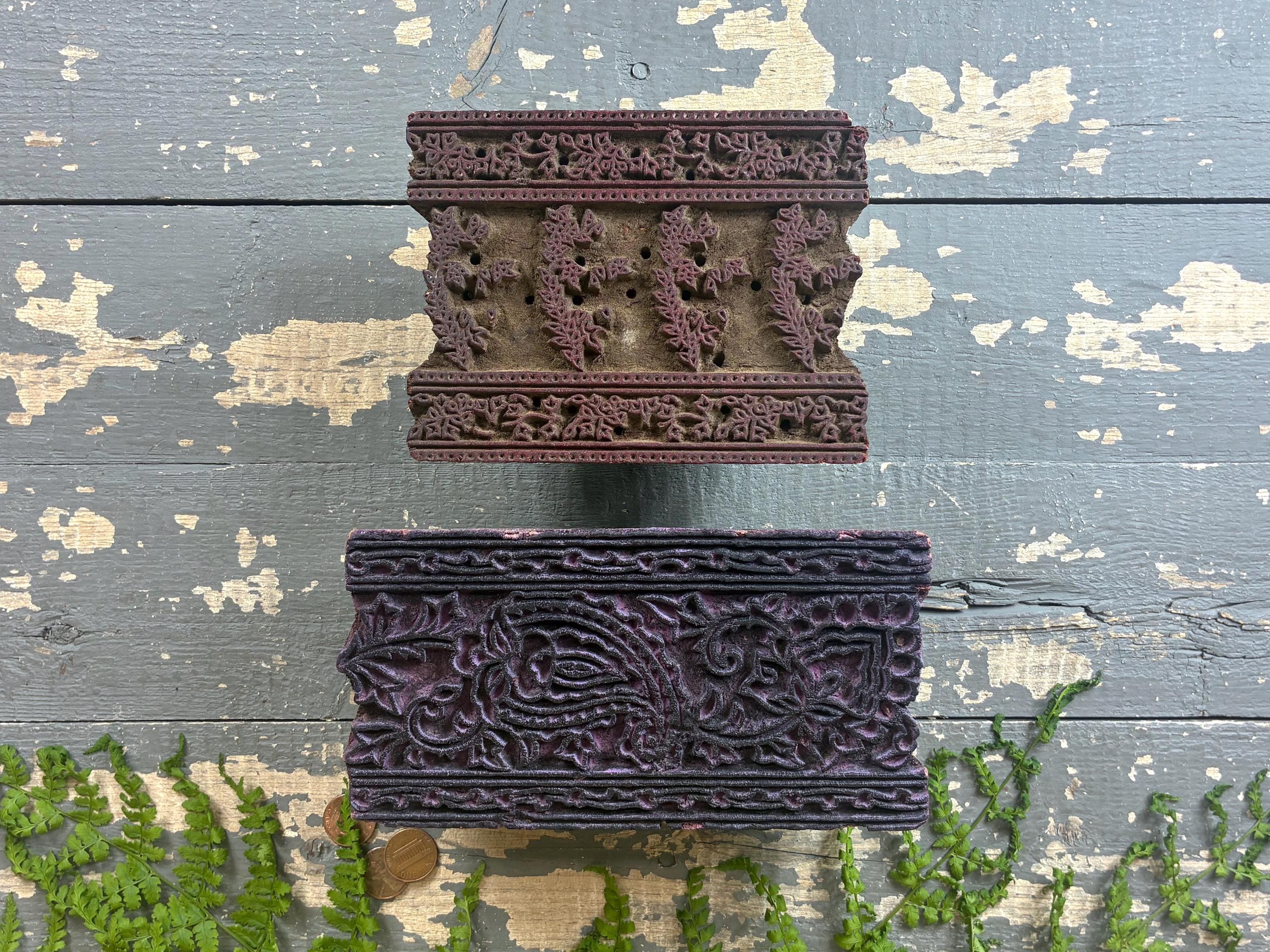 Antique 2 Printing Blocks: Carved Wooden Textile, Wallpaper Handmade Primitive Stamps