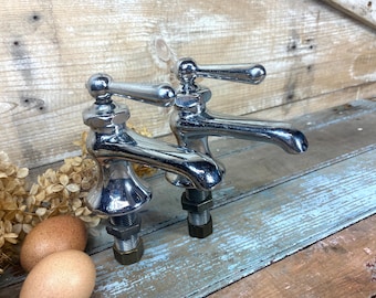 Antique Chromed Cast Brass Sink Faucet, NOS Chi-Fau-Co Handles Set, Hot and Cold Tap (Not Tested)