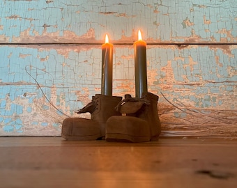 Vintage Carved Wood Boot Candlestick Holders, Folk Art Centerpiece