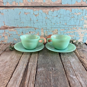 Vintage 4 Pieces Jadeite Set of 2 Jane Ray Tea Cups and Saucers by Fire King Anchor Hocking Over Ware Opalescence Jadite