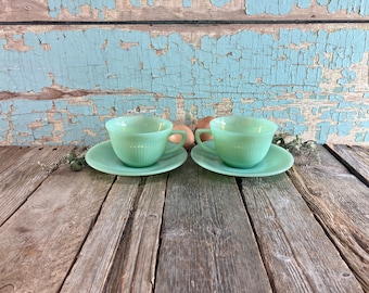 Vintage 4 Pieces Jadeite Set of 2 Jane Ray Tea Cups and Saucers by Fire King Anchor Hocking Over Ware Opalescence Jadite