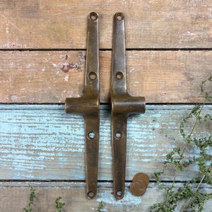 May include: Two matching antique brass hinges with a dark, weathered patina. Each hinge features a long, slender vertical plate with three circular screw holes and a central cylindrical barrel. A small copper coin is placed near the bottom right.