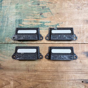 Antique Set of 4 Drawer Pulls Card Catalog Labeled Handles Vintage Architectural Salvage General Store Cabinet Hardware Art Deco Art Nouveau