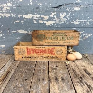 Vintage 2 Wood Cheese Crates New York City Daitch Cream Cheese Hygrade Brand Pasteurized Process Cheese Cow Dairy Box Rustic Storage Bin