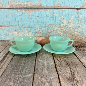Vintage 4 Pieces Jadite Set of 2 Jane Ray Tea Cups and Saucers by Fire King Anchor Hocking Jadite Oven Glass