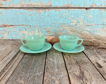 Vintage 4 Pieces Jadite Set of 2 Jane Ray Tea Cups and Saucers by Fire King Anchor Hocking Jadite Oven Glass