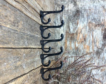 Antique Set of 5 Acorn Double Hooks: Cast Iron Farmhouse Halltree Hardware
