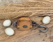 Vintage Wood and Iron Pulley with Hook Anvil Metal Badge Small Industrial Block and Tackle Nautical Rustic Farm