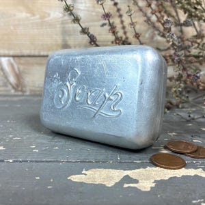 Antique Aluminum Soap Travel Box: Ornate Script, Hinged Lid