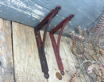 Vintage Pair of Small L Shelf Brackets: 5" x 7" Steel Barn Red Chippy Paint