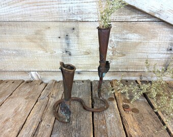 Vintage Forged Copper Candlestick Holder; Handmade Folk Art; 2 Calla Lily Flowers Candle Holder