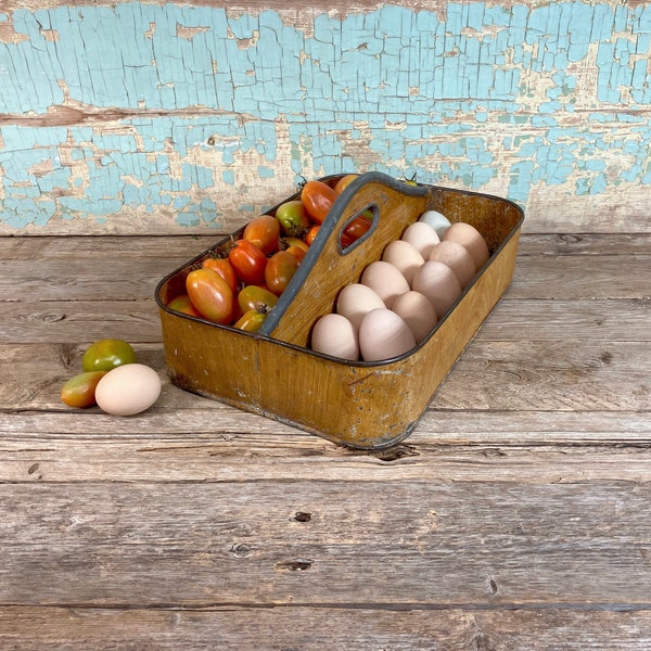 Vintage Metal Basket Tray with Hand Painted Faux Wood Grain Tool Caddy with Handle Garden Bin Carrier Tote Steel Storage Supply