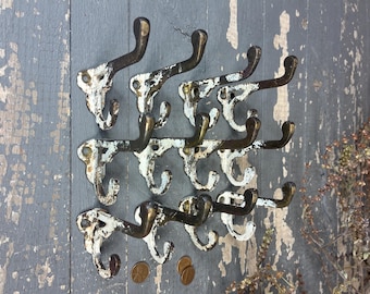 Antique Set of 12 Cast Iron Double Hooks: Chippy Paint Hall Tree Hardware