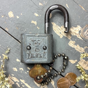 Vintage Eagle Padlock Set: Iron Metal Lock and Brass Key by Eagle Lock Company of Terryville, Connecticut, USA