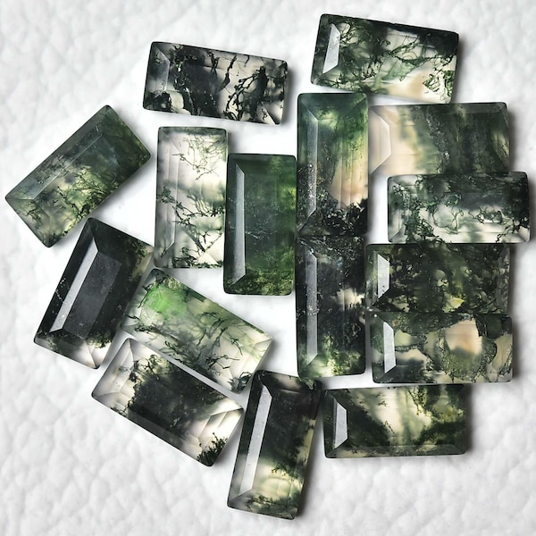 5 Pcs Natural Moss Agate Faceted Gemstones 4x8mm 5x10mm 6x12mm Rectangle Shape Flat Back Agate Loose Gemstone Cut Stone Cabochons C-15956
