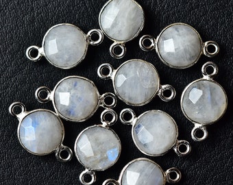 3 Pcs Rainbow Moonstone Connectors Silver Plated Connector 9mm Round Connector Gemstone Connectors Double Bail Connector Stone Charm C-21614