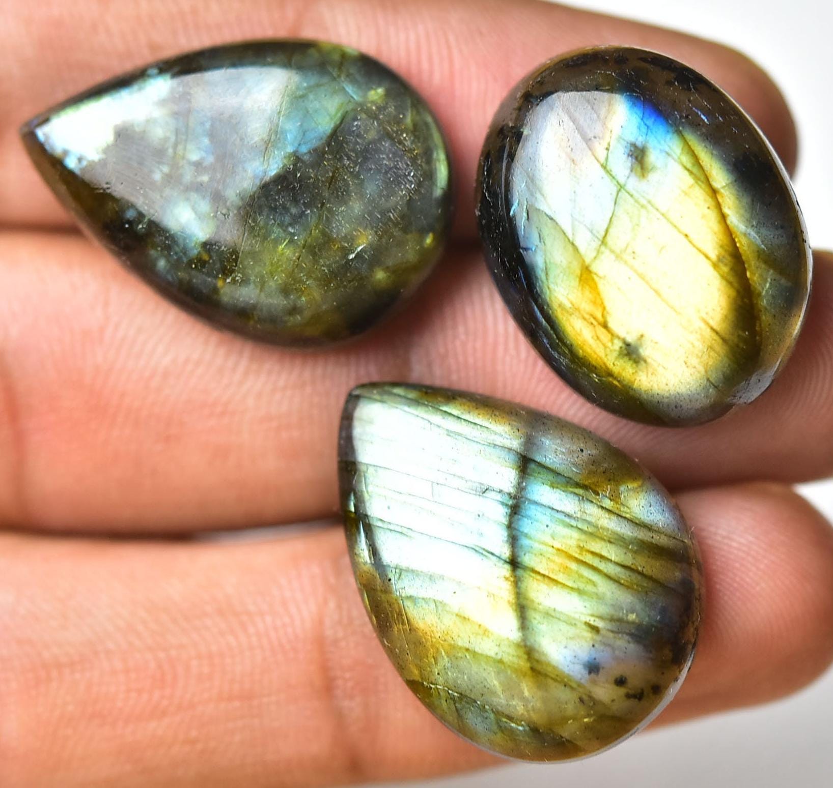 天然ラブラドライトカボション3個セット 17 x 22 mm～18 x 25 mm