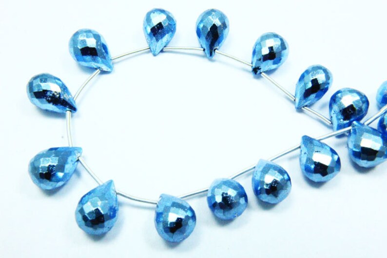 Natural Stone 8 Full Strand Natural Blue Coated Pyrite Gemstone Briolette Size 10x8mm Faceted Tear Shape 13x9mm Real Gemstone