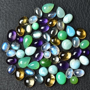 10 Pcs Mix Gemstone Cabochon Lot Larimar Rainbow Moonstone Amethyst Citrine Chrysoprase 4mm to 6x7.5mm Loose Smooth Gems Stones Cabs C-21462