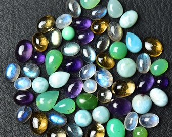 10 Pcs Mix Gemstone Cabochon Lot Larimar Rainbow Moonstone Amethyst Citrine Chrysoprase 4mm to 6x7.5mm Loose Smooth Gems Stones Cabs C-21462