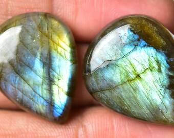 2 Pieces Natural Labradorite Cabochon Lot 20x25mm to 22x29mm Pear Shape Flashy Labradorite Gemstones Cabochons Smooth Stones Cabs C-13418