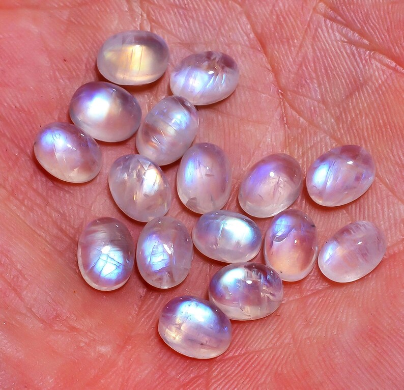 16 Pieces Natural Rainbow Moonstone Cabochons Lot 6x8mm Oval Shape White Moonstone Gemstones Loose Stones Smooth Gems Cabs