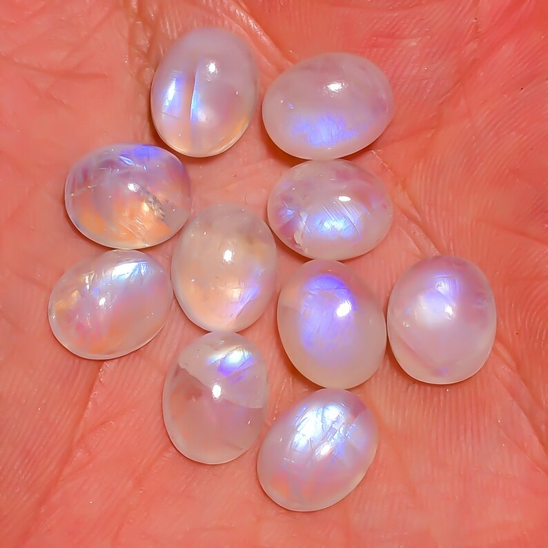 10 Pieces Natural Rainbow Moonstone Cabochons Lot 8x10mm to 8.5x10.5mm Oval Shape White Moonstone Gemstones Loose Stones Smooth Gems Cabs