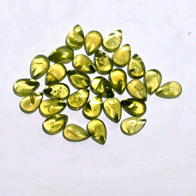 14 Pieces Natural Olive Peridot Cabochons Lot 3.8x5.5mm to 4x6mm Pear Shape Genuine Peridot Gemstones Cab Loose Stones Smooth Gems Cabs