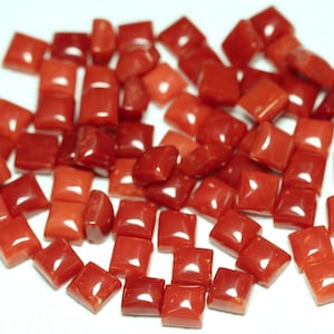 May include: A collection of approximately 40 square-shaped, red coral beads. The beads are smooth and polished, with a glossy finish.