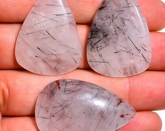 3 Pieces Black Rutile Cabochons Lot 23x31mm to 22x35mm Pear Shape Natural Rutile Gemstones Cabochon Loose Stones Smooth Gemstone Cabs C-8239