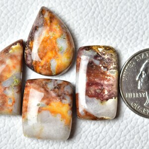 May include: Four polished, translucent, irregularly shaped stones with a white base and brown, orange, and gold patterns. The stones are next to a US quarter for size comparison.
