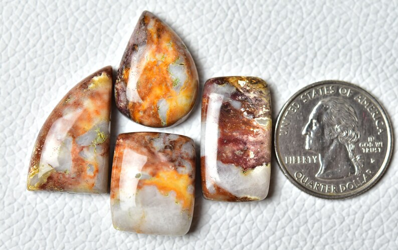 May include: Four polished, translucent, irregularly shaped stones with a white base and brown, orange, and gold patterns. The stones are next to a US quarter for size comparison.