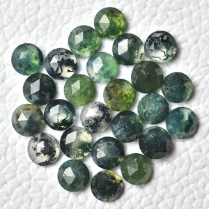 10 Pieces Natural Moss Agate Faceted Gemstones Lot 4mm 5mm 6mm Round Shape Flat Back MossAgate Loose Gemstone Rose Cut Stone Cabochon C-5282