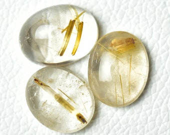 3 Pieces Natural Golden Rutile Cabochons Lot 15x18mm to 15x20mm Oval Genuine Rutile Gemstones Cabs Semi Precious Loose Gem Stones C-9184