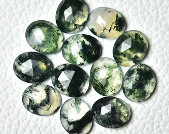 5 Pieces Natural Moss Agate Faceted Gemstones Lot 8x10mm Oval Shaped Flat Back Moss Agate Loose Gemstone Rose Cut Stones Cabochons C-5321