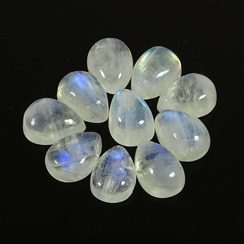 5 Pieces Natural Rainbow Moonstone Cabochons Lot 8.5x12mm to 9.5x12.5mm Pear Shape White Moonstone Gemstones Loose Stones Smooth Gems