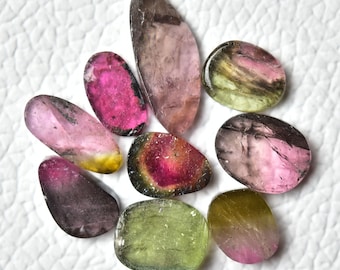 9 Pieces Natural Tourmaline Watermelon Slices Lot 5.8x10mm- 7x16.5mm Odd Shape Pink Tourmaline Loose Gemstone Smooth Gem Stones Slice C-4891